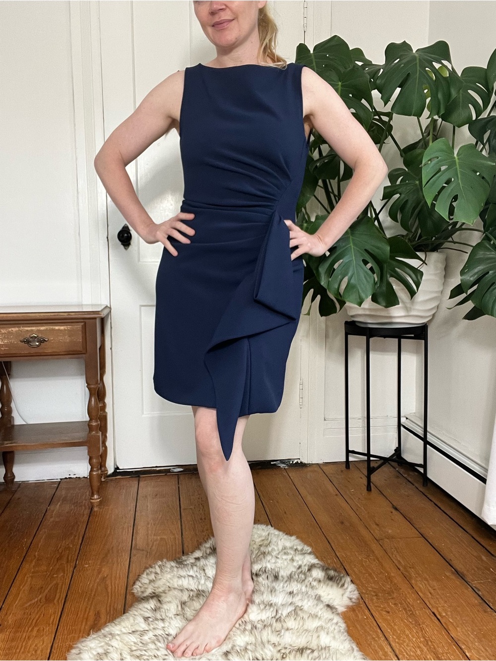 Jonathan Simkhai Blue Crepe Ruched Ruffle Dress Sleeveless Cocktail Dress apx 4